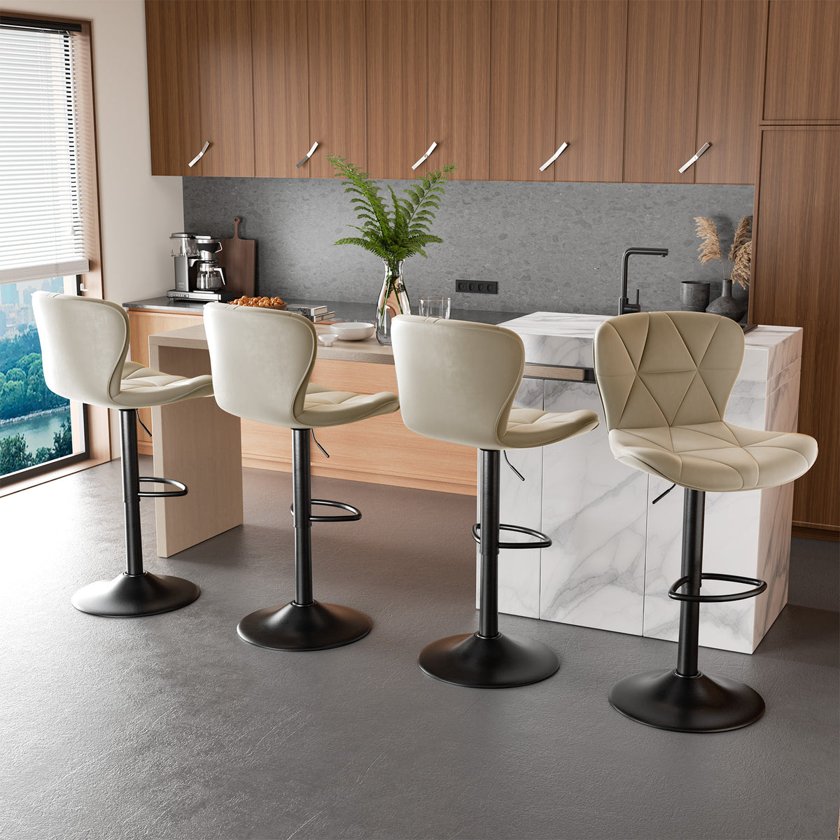 Modern Waterproof and Scratch-Resistant Bar Stool: Diamond-Shaped Leather Backrest & Exquisite Hand-Stitching FU01034-wz