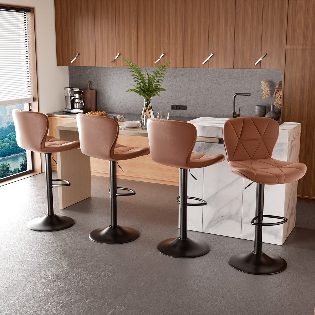 Modern Waterproof and Scratch-Resistant Bar Stool: Diamond-Shaped Leather Backrest & Exquisite Hand-Stitching FU01034-wz