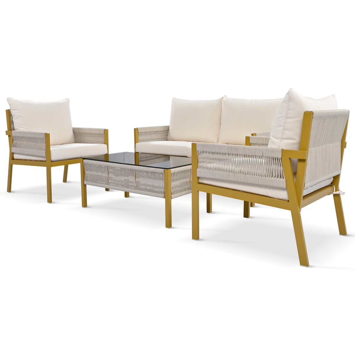 K&K 4-Piece Rope Patio Furniture Set, Outdoor Furniture with Tempered Glass Table, Patio Conversation Set Deep Seating with Thick Cushion for Backyard Porch Balcony (Beige&Mustard Yellow) SK000003AAZ-djyc