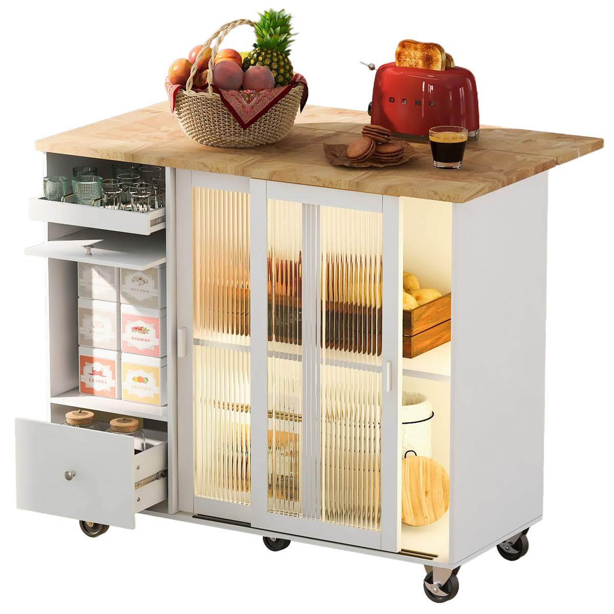 Kitchen Island with Drop Leaf, LED Light Kitchen Cart on Wheels with 2 Fluted Glass Doors and 1 Flip Cabinet Door, Large Kitchen Island Cart with an Adjustable Shelf and 2 Drawers (White) WF311171AAW-djyc