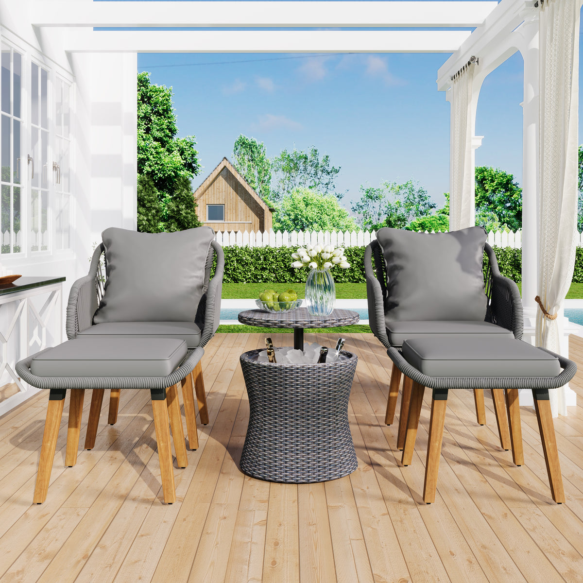 K&K 5 Pieces Patio Furniture Chair Sets, Patio Conversation Set With Wicker Cool Bar Table, Ottomans,Outdoor Furniture Bistro Sets for Porch,Backyard,Balcony,Poolside Grey WF324995AAG-djyc