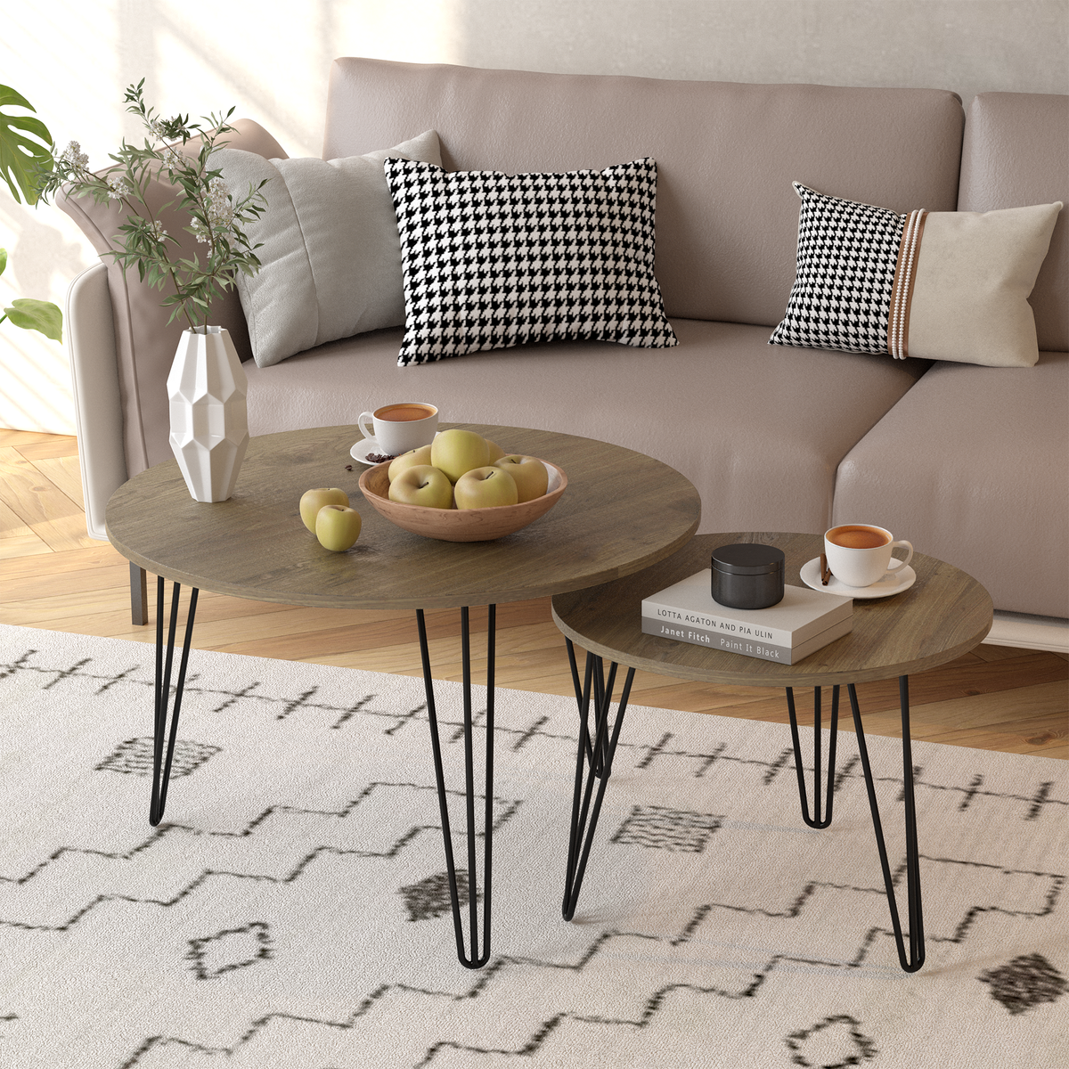 27.56'' Round Nesting Coffee Table Set of 2, Circular Nesting End Table Set, Round Wooden Tabletop, and Sturdy Metal Base for Living Room, bedroom, Brown W808P176732-djyc