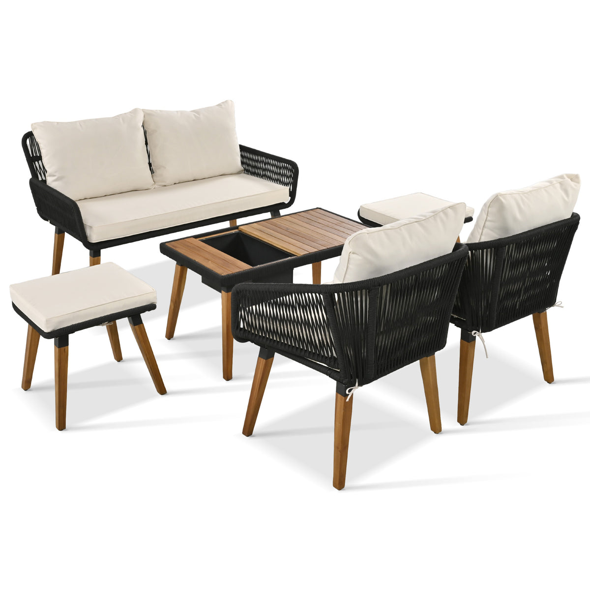 K&K 6-Piece Rope Patio Furniture Set, Outdoor Furniture with Acacia Wood Cool Bar Table with Ice Bucket , Deep Seat Patio Conversation Set with Two Stools for Backyard Porch Balcony (Black & Beige) SK000005AAA-djyc