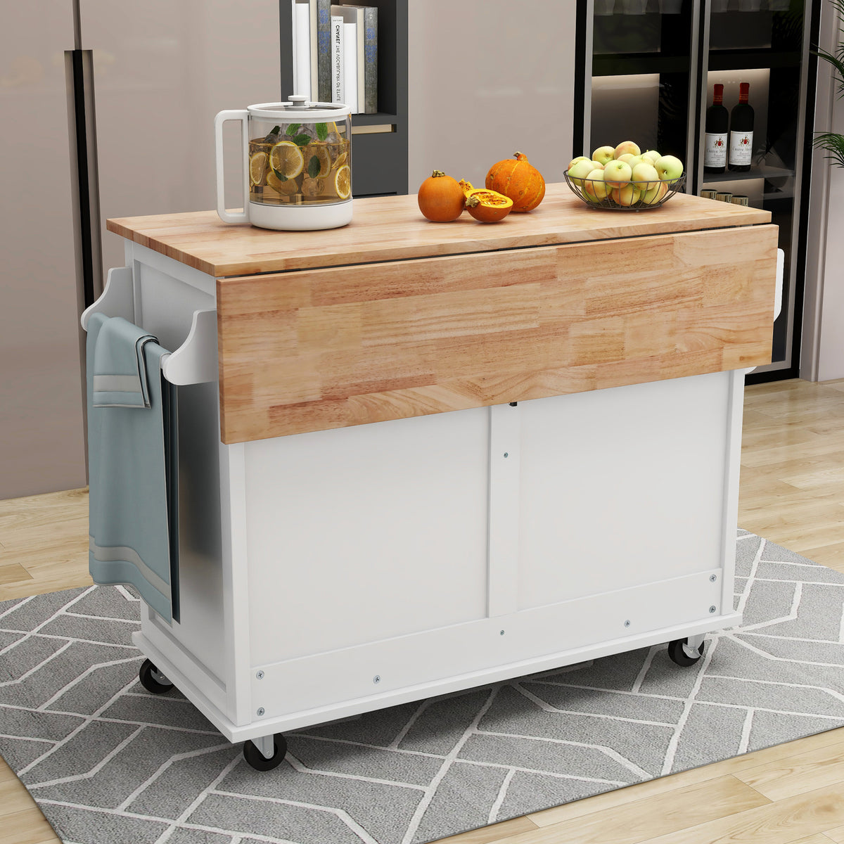 Kitchen Cart with Rubber wood Drop-Leaf Countertop, Concealed sliding barn door adjustable height,Kitchen Island on 4 Wheels with Storage Cabinet and 2 Drawers,L52.2xW30.5xH36.6 inch, White SK000001AAW-djyc