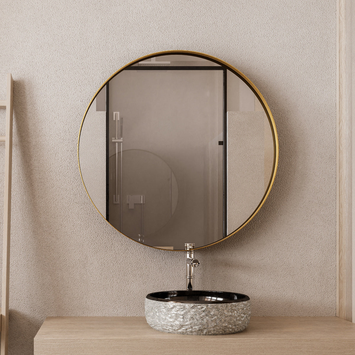 31.5 Inch Surface Mount Round Metal Framed Medicine Cabinet with Mirror and Adjustable Shelves Black Wall Mirror with Storage for Bathroom, Matte Gold W1435P194675-djyc