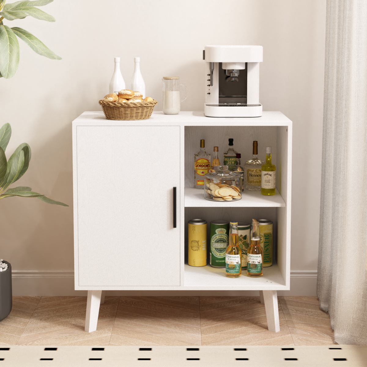 Sideboard Buffet Kitchen Storage Cabinet, Accent Cabinet with Solid Wood Feet for Decorated Doors, Dining Room, Hallway, Cupboard Console Table, Liquor / Accent Cabinet (White) W808P152923-djyc