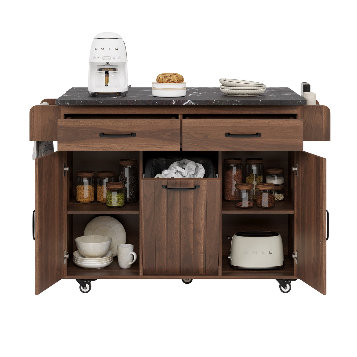 K&K Kitchen Island with Trash Can Storage Cabinet, Kitchen Cart with Drop Leaf, Spice Rack, Towel Rack and Drawer, Rolling Kitchen Island on Wheels with Adjustable Shelf, Walnut Brown WF326381AAZ-djyc