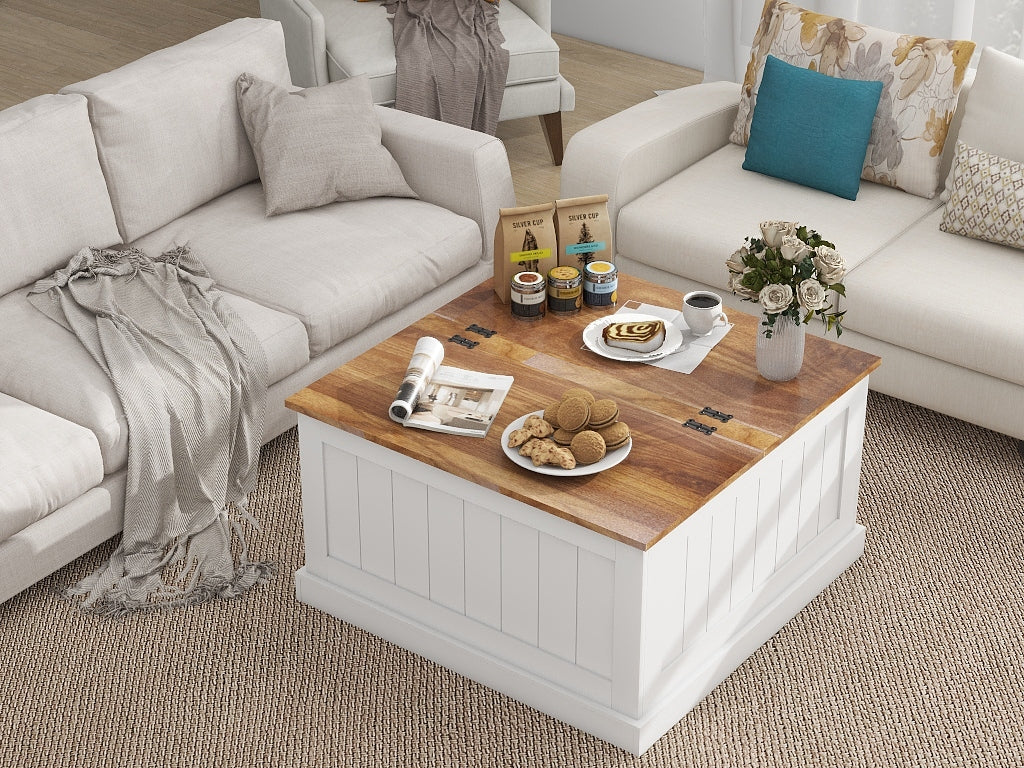 31.5" Farmhouse Coffee Table, Square Wood Center Table with Hinged Lift Top, Rustic Cocktail Table with Large Hidden Storage Compartmen for Living Room-White W282P160415-djyc