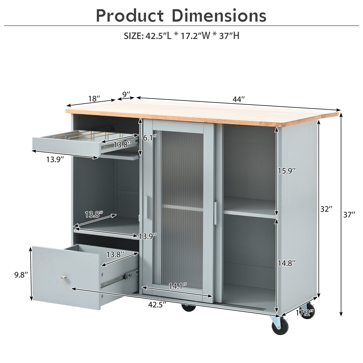 Kitchen Island with Drop Leaf, LED Light Kitchen Cart on Wheels with 2 Fluted Glass Doors and 1 Flip Cabinet Door, Large Kitchen Island Cart with an Adjustable Shelf and 2 Drawers (Grey Blue) WF311171AAG-djyc