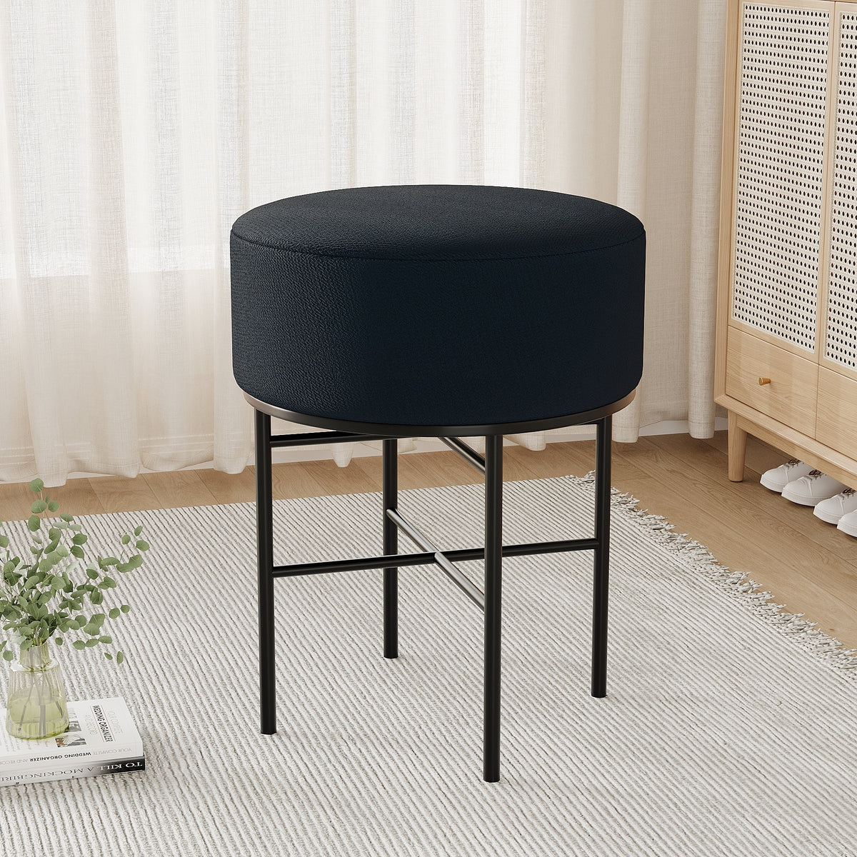 2 pcs Round Cushioned Vanity Stool, Linen Upholstered Vanity Stool for Makeup Room, Modern Soft Stool for Bar and Dining, Ottoman Footrest Stool with Metal Legs for Living Room, Bedroom(Black) W2557P180257-djyc