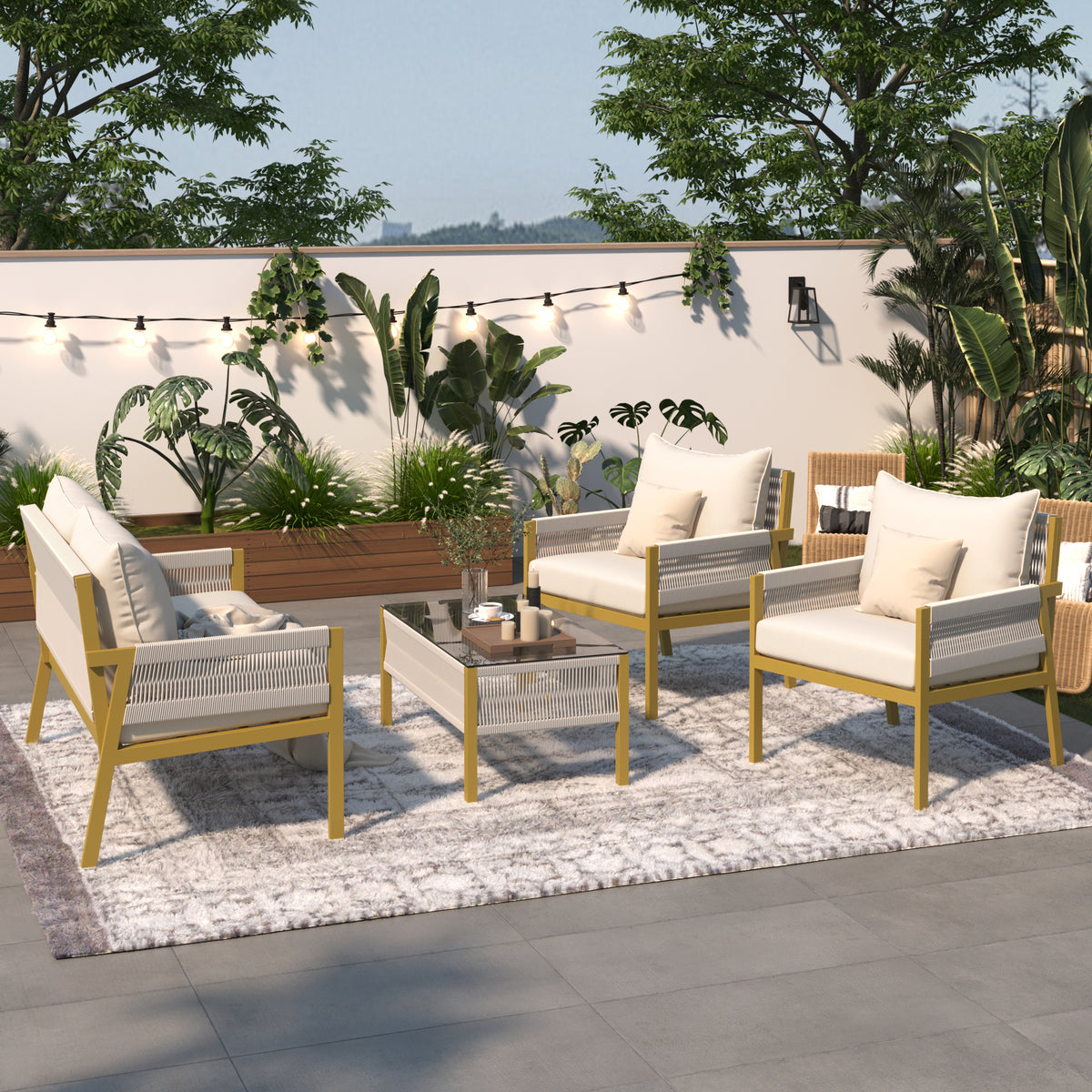 K&K 4-Piece Rope Patio Furniture Set, Outdoor Furniture with Tempered Glass Table, Patio Conversation Set Deep Seating with Thick Cushion for Backyard Porch Balcony (Beige&Mustard Yellow) SK000003AAZ-djyc