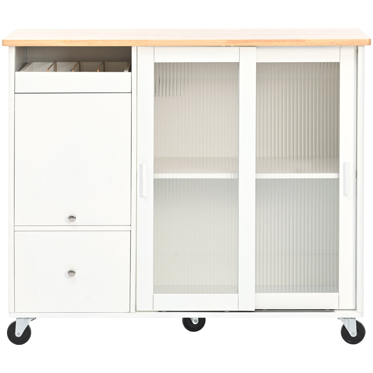 Kitchen Island with Drop Leaf, LED Light Kitchen Cart on Wheels with 2 Fluted Glass Doors and 1 Flip Cabinet Door, Large Kitchen Island Cart with an Adjustable Shelf and 2 Drawers (White) WF311171AAW-djyc