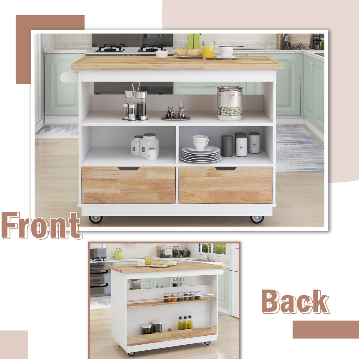 Rolling Kitchen Island with Storage, Two-sided Kitchen island Cart on Wheels with RubberWood Top,Wine and Spice Rack, Large Kitchen Cart with 2 Drawers, 3 Open Compartments, White WF318964AAW-djyc