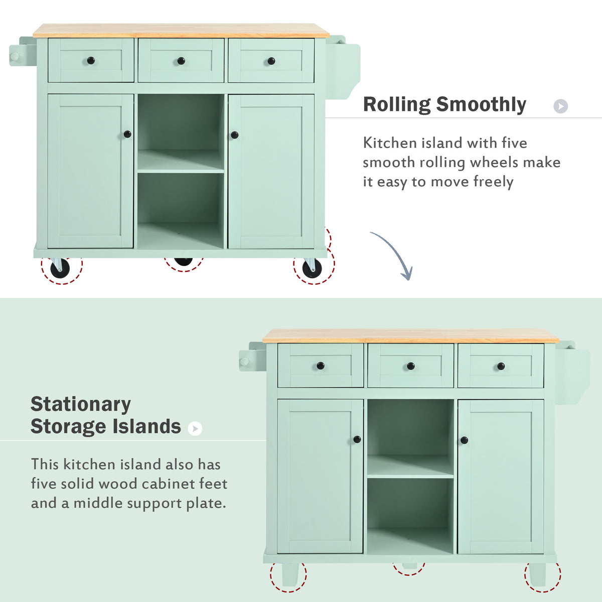 Kitchen Cart with Rubber wood Drop-Leaf Countertop ,Cabinet door internal storage racks,Kitchen Island on 5 Wheels with Storage Cabinet and 3 Drawers for Dinning Room, Mint Green WF298028AAE-djyc