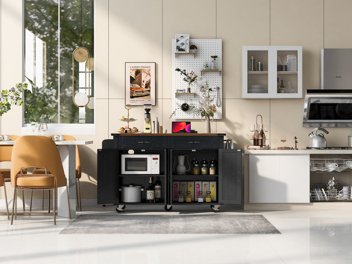 K&K 53.5''Farmhouse Kitchen Island with Power Outlet, Kitchen Storage Island with Drop Leaf, Spice Rack and Drawer, Rolling Kitchen Cart on Wheels, for Home, Kitchen and Dining Room, Black N707P170348B-djyc