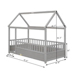 Twin Size Floor Wooden Bed with House Roof Frame, Fence Guardrails,Grey W1858123985-djyc