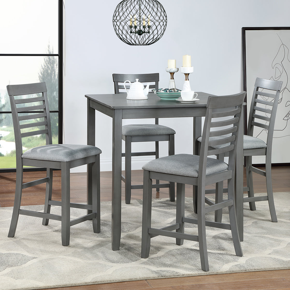 5 Piece Dining Table Set, Wooden Dining Square Table Set for 4, Counter Height Kitchen Table Set with Square Table and 4 Upholstered Chairs for Small Space, Gray W1998S00029-djyc