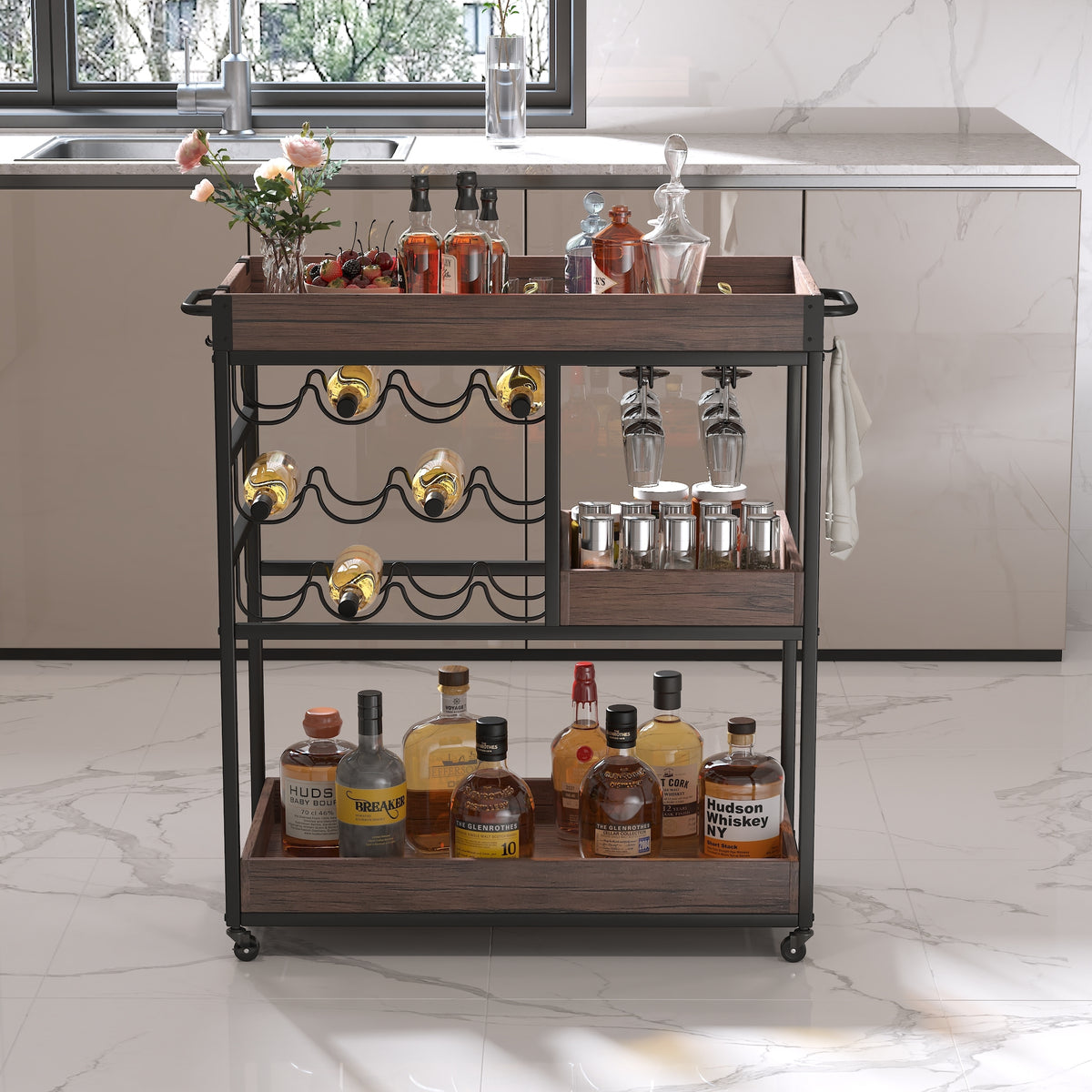 3 Tier Industrial Rolling Serving Cart with Lockable Wheels, Wine Rack Cart with Glass Holder for Indoor and Outdoor, Beverage Trolley cart with 2 Removable Tray, W2557P195401-djyc