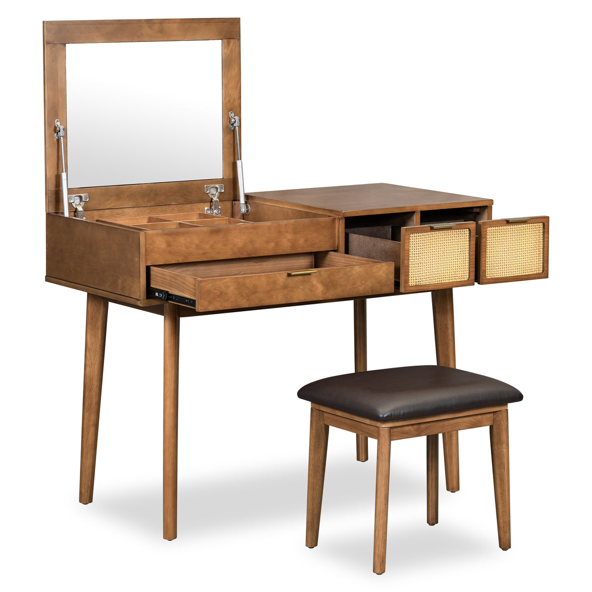 43.3" Classic Wood Makeup Vanity Set with Flip-top Mirror and Stool, Dressing Table with Three Drawers and storage space, Brown N704P165645-djyc