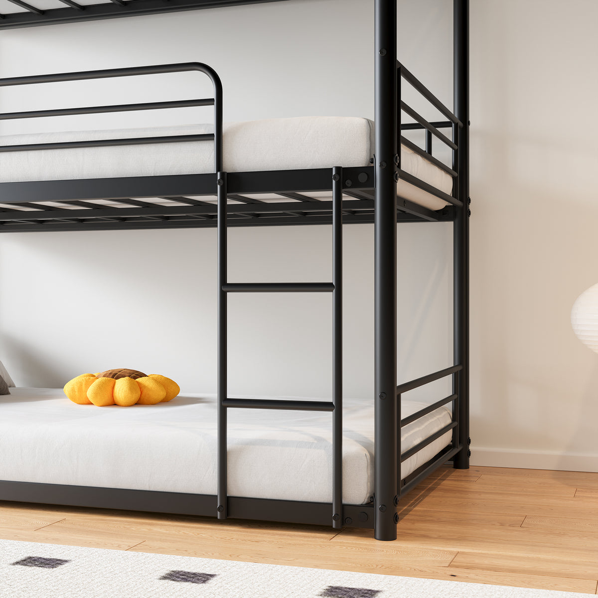 Triple Twin Bunk Beds, Twin Over Twin Over Twin Metal Bunk Bed Platform Frame, Two Attached Ladders, Easy Access Guard-Rail, No Box Spring Need (Black) W840P209935-djyc