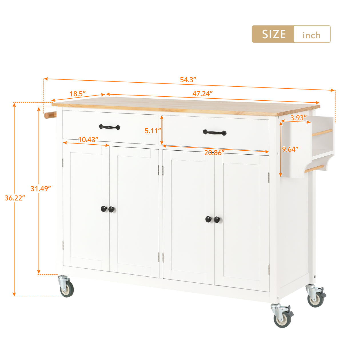 Kitchen Island Cart with Solid Wood Top and Locking Wheels,54.3 Inch Width,4 Door Cabinet and Two Drawers,Spice Rack, Towel Rack (White) WF286911AAW-djyc