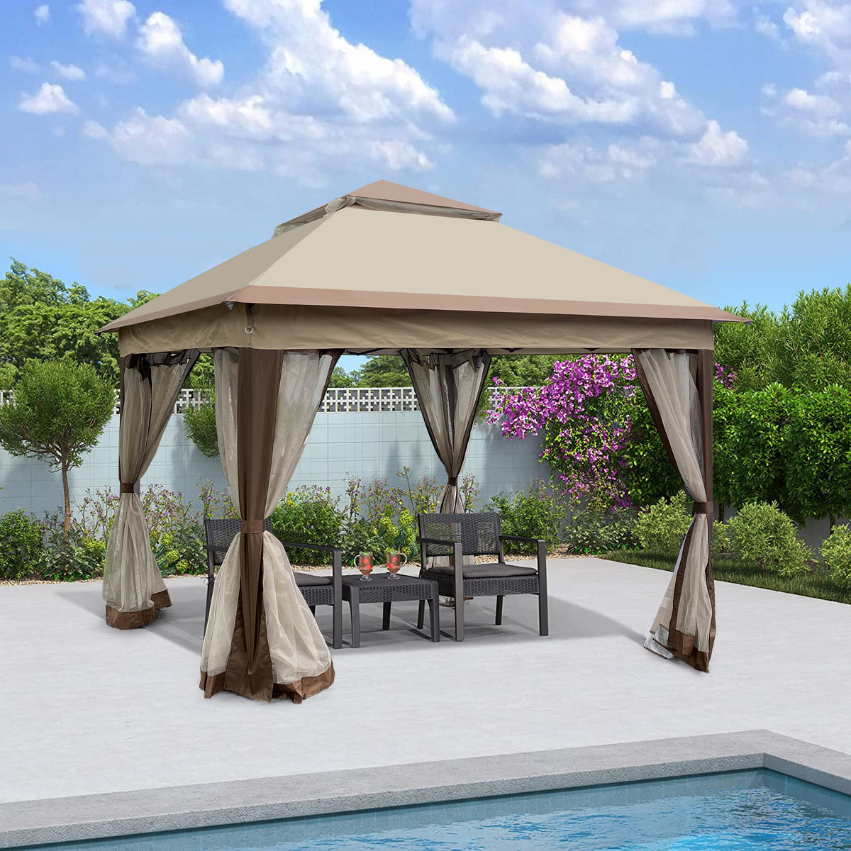 Outdoor 11x 11Ft Pop Up Gazebo Canopy With Removable Zipper Netting,2-Tier Soft Top Event Tent,Suitable For Patio Backyard Garden Camping Area,Coffee W41932833-djyc