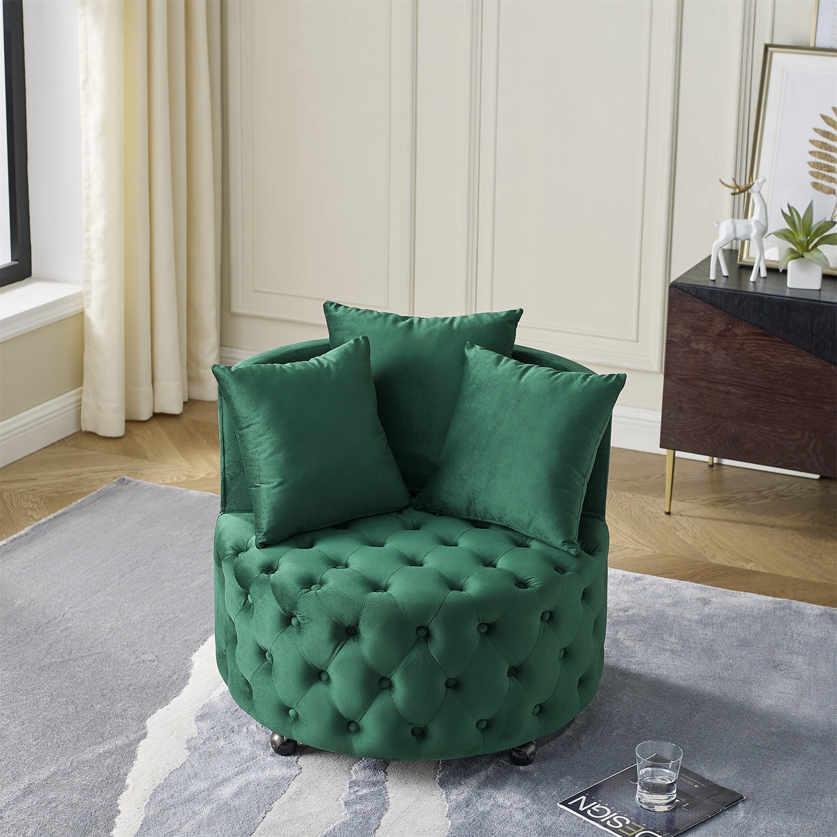 Velvet Upholstered Swivel Chair for Living Room, with Button Tufted Design and Movable Wheels, Including 3 Pillows, Green W48790919-djyc