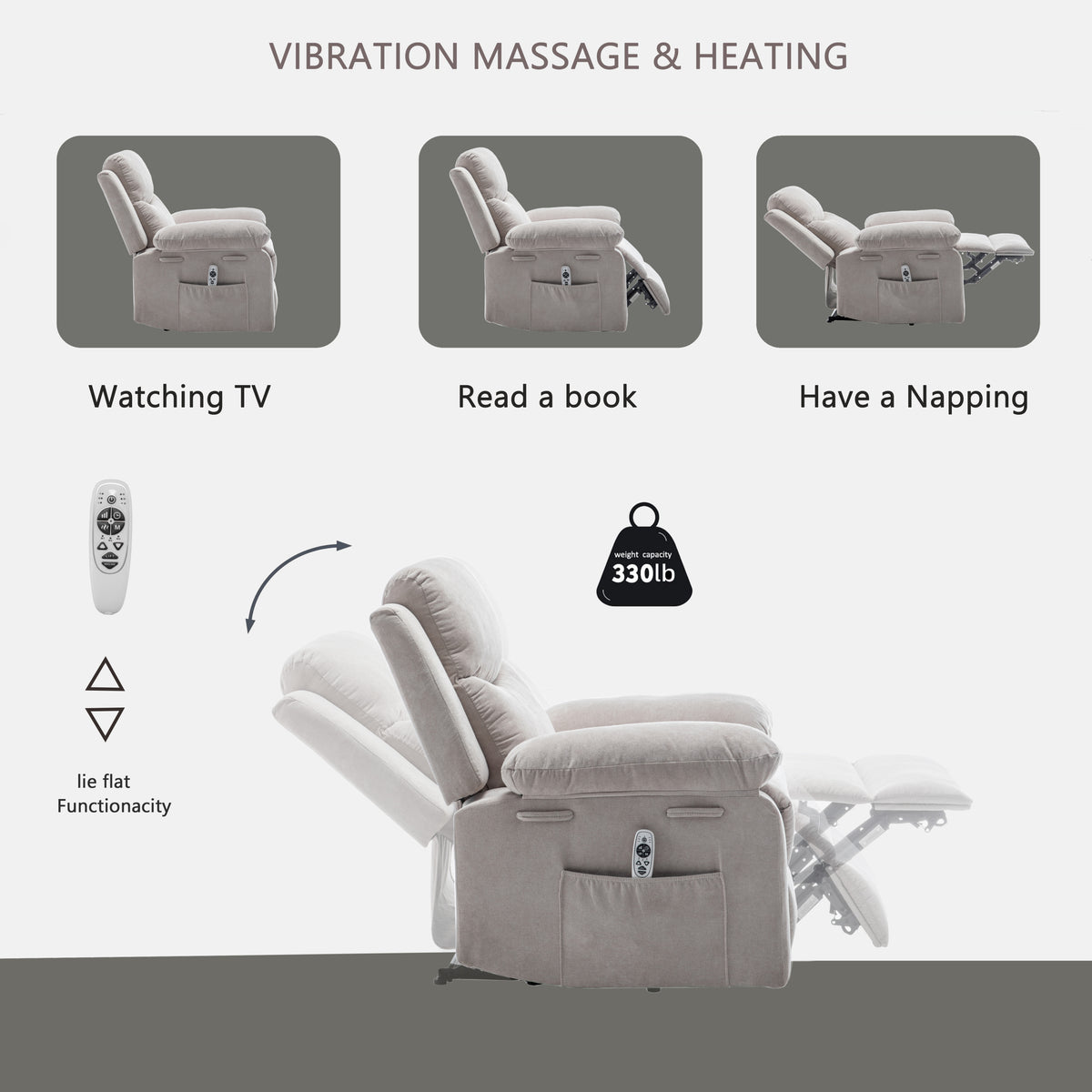 Power Recliner Chair with Adjustable Massage Function, Velvet Electric Power Chair for Elderly with One Side Pockets, Recliner Chair with Heating System for Living Room,Beige W1998120239-djyc