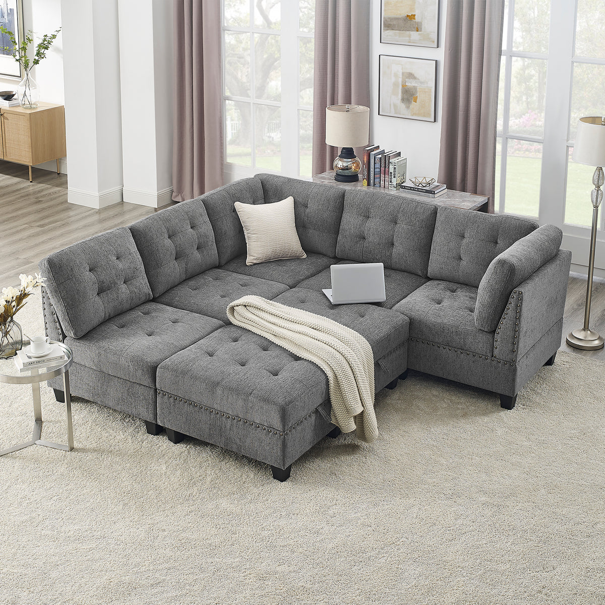 L shape Modular Sectional Sofa,DIY Combination,includes Three Single Chair ,Two Corner and Two Ottoman,Grey Chenille W487S00201-djyc