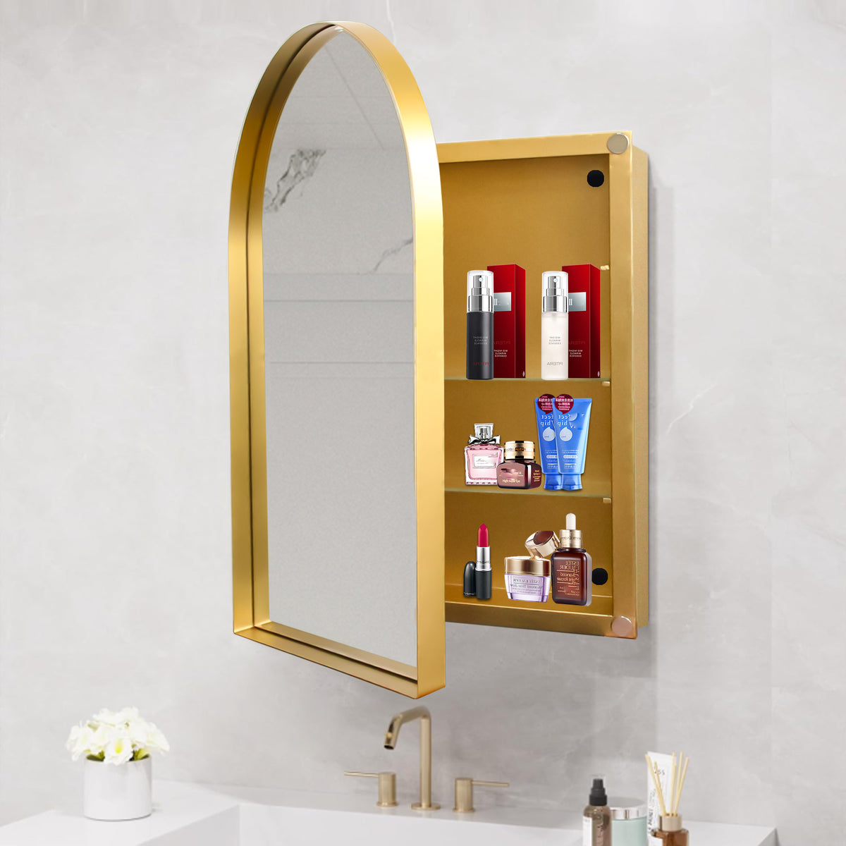 24x36 Inch Arched Recessed Medicine Cabinet, Metal Framed Bathroom Wall Cabinet with Mirror and Adjustable Shelves, Wall Mirror with Storage for Bathroom, Matte Gold W1435P182923-djyc