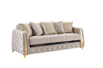 Lippa Upholstered Sofa in Taupe Fabric with Gold Stainless Steel Legs, Foam Cushioning and Sturdy Wood Frame-B009S02238