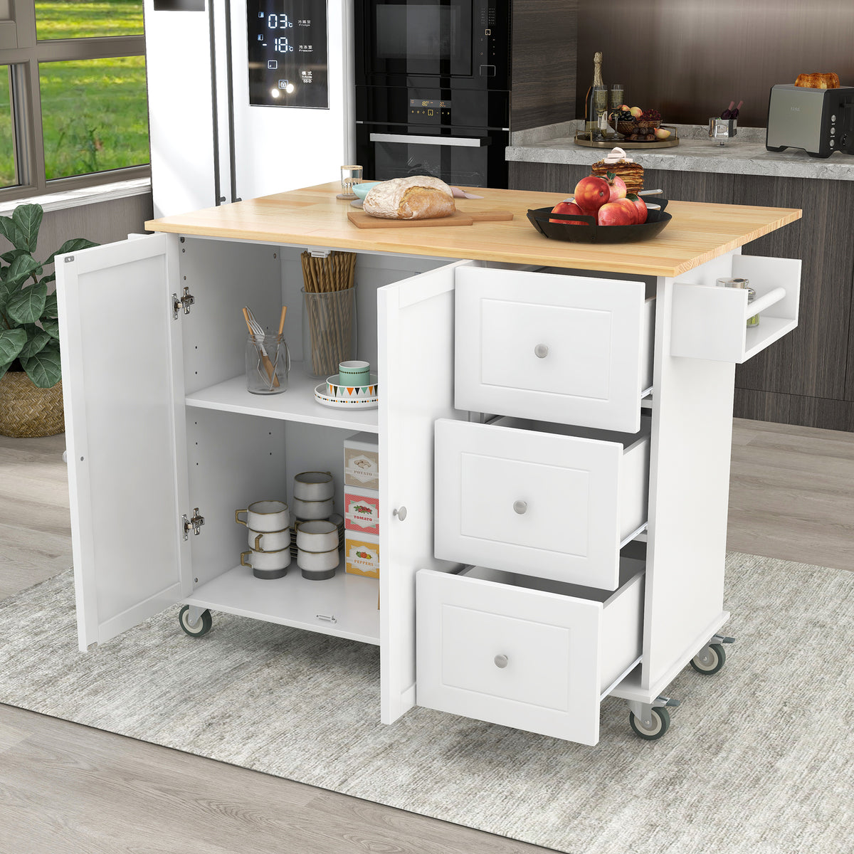 Rolling Mobile Kitchen Island with Solid Wood Top and Locking Wheels,52.7 Inch Width,Storage Cabinet and Drop Leaf Breakfast Bar,Spice Rack, Towel Rack & Drawer (White) WF287035AAW-djyc