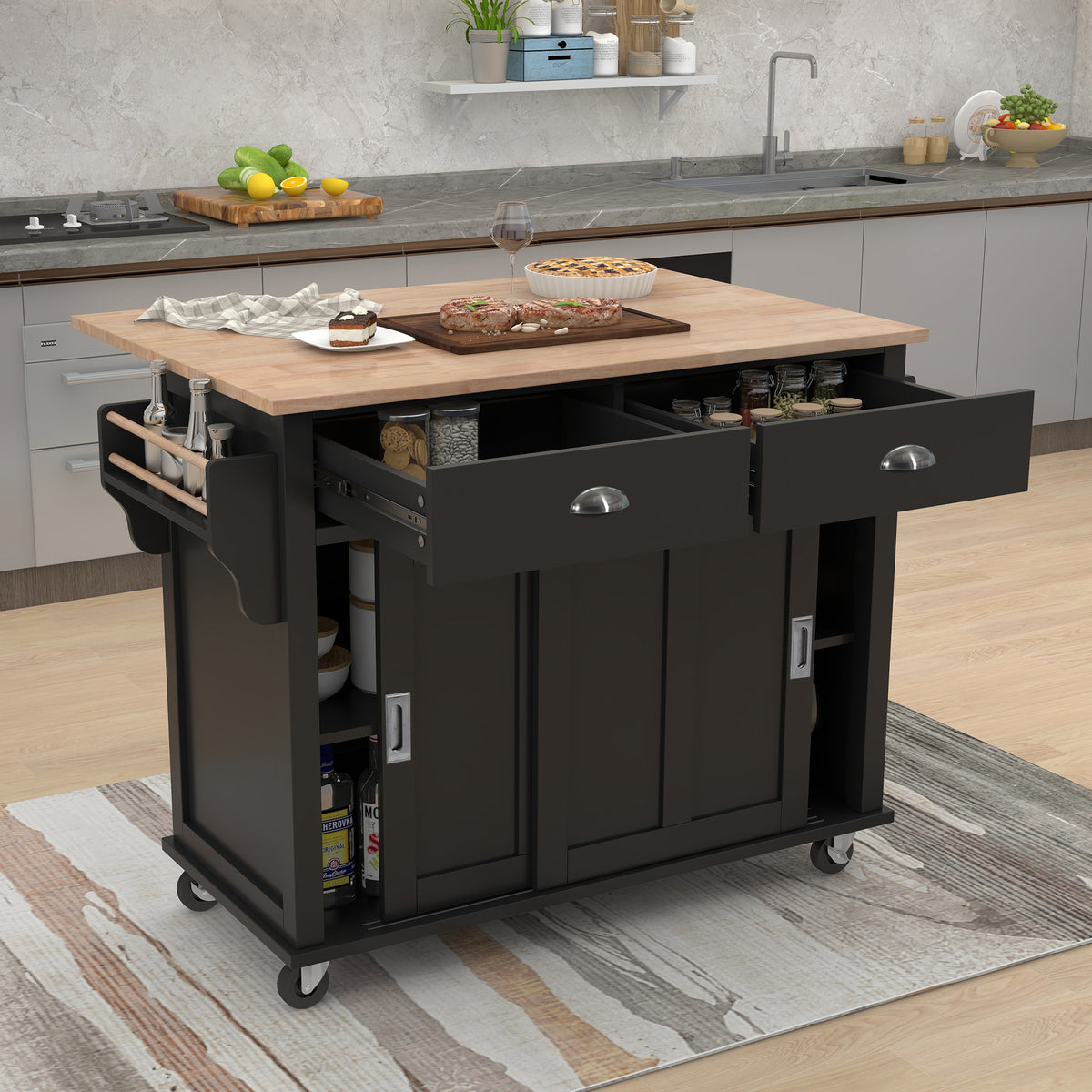 Kitchen Cart with Rubber wood Drop-Leaf Countertop, Concealed sliding barn door adjustable height,Kitchen Island on 4 Wheels with Storage Cabinet and 2 Drawers,L52.2xW30.5xH36.6 inch, Black SK000001AAB-djyc