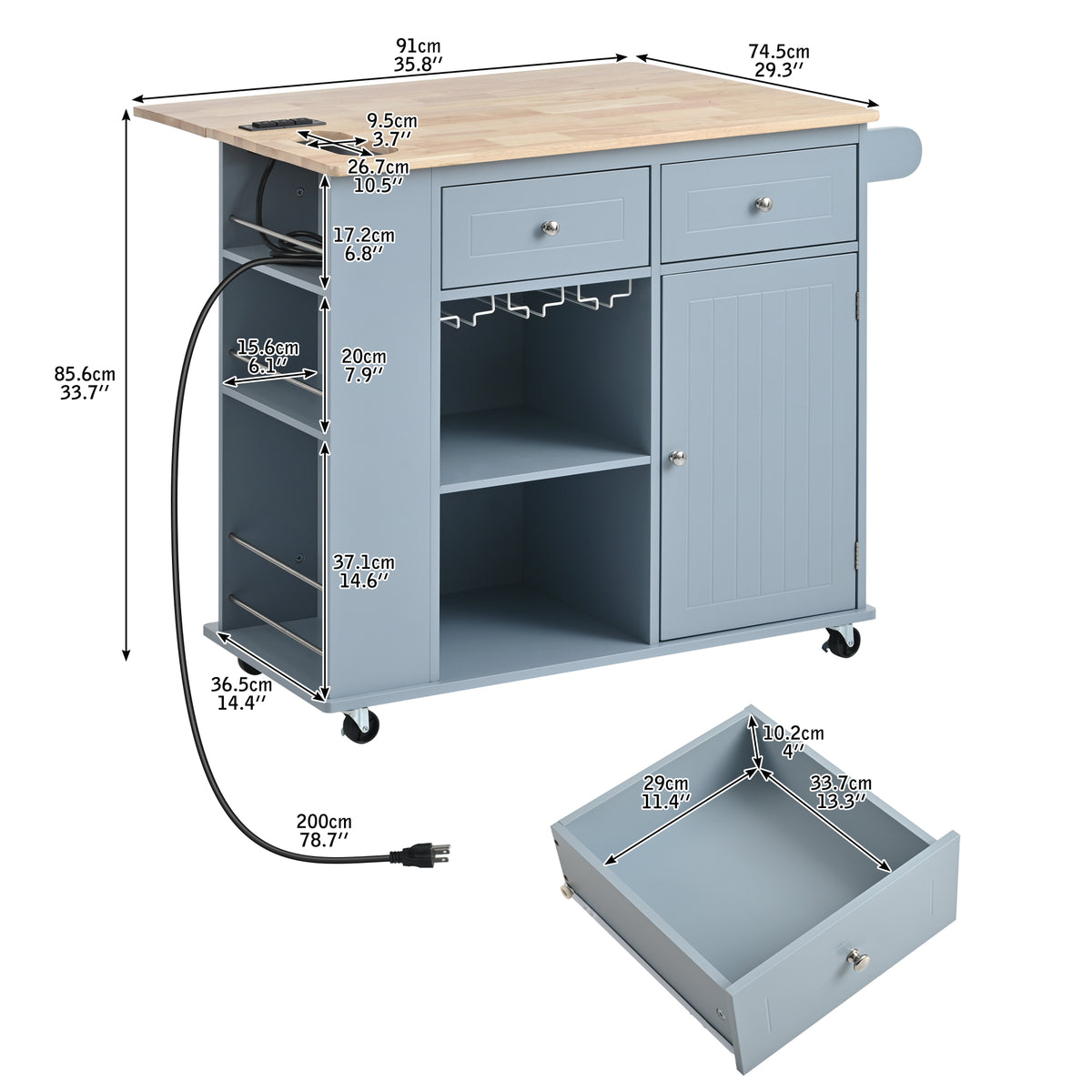 Kitchen Island with Power Outlet,Kitchen Storage Island with Drop Leaf and Rubber Wood,Open Storage and Wine Rack,5 Wheels,with Adjustable Storage for Home, Kitchen, and Dining Room, Grey Blue WF305556AAG-djyc