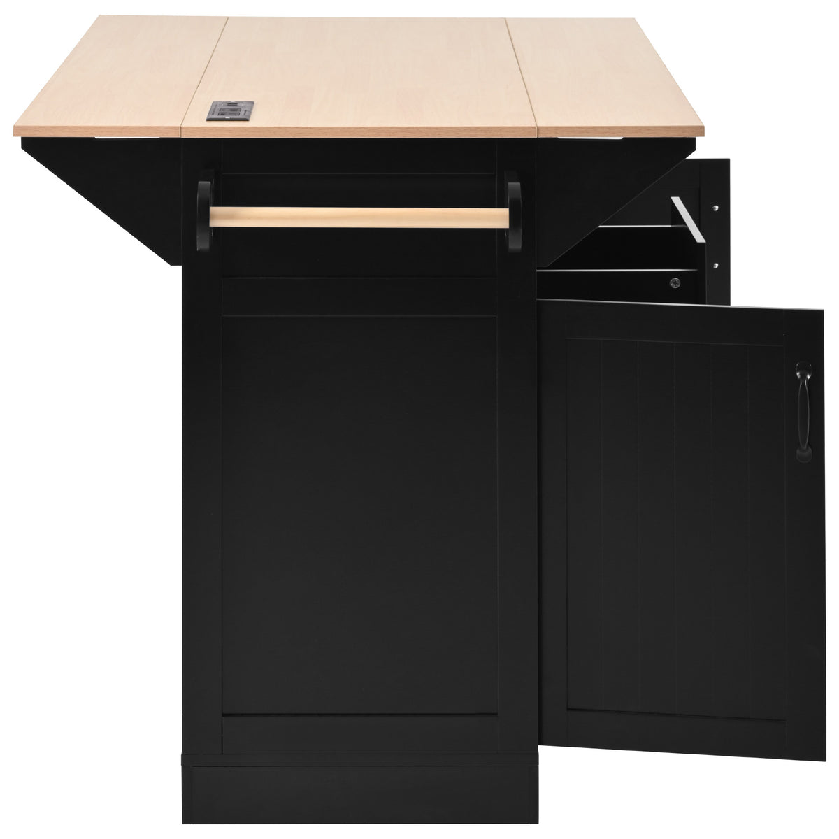 K&K 55.7'' Large Kitchen Island with 2 Drop Leaf,, Rolling Kitchen Cart on 5 Wheels with Power Outlet, Folding Storage Dining Table with Spice & Towel Rack , 3 Drawers, for Kitchen, Dining Room,Black N707P186617B-djyc