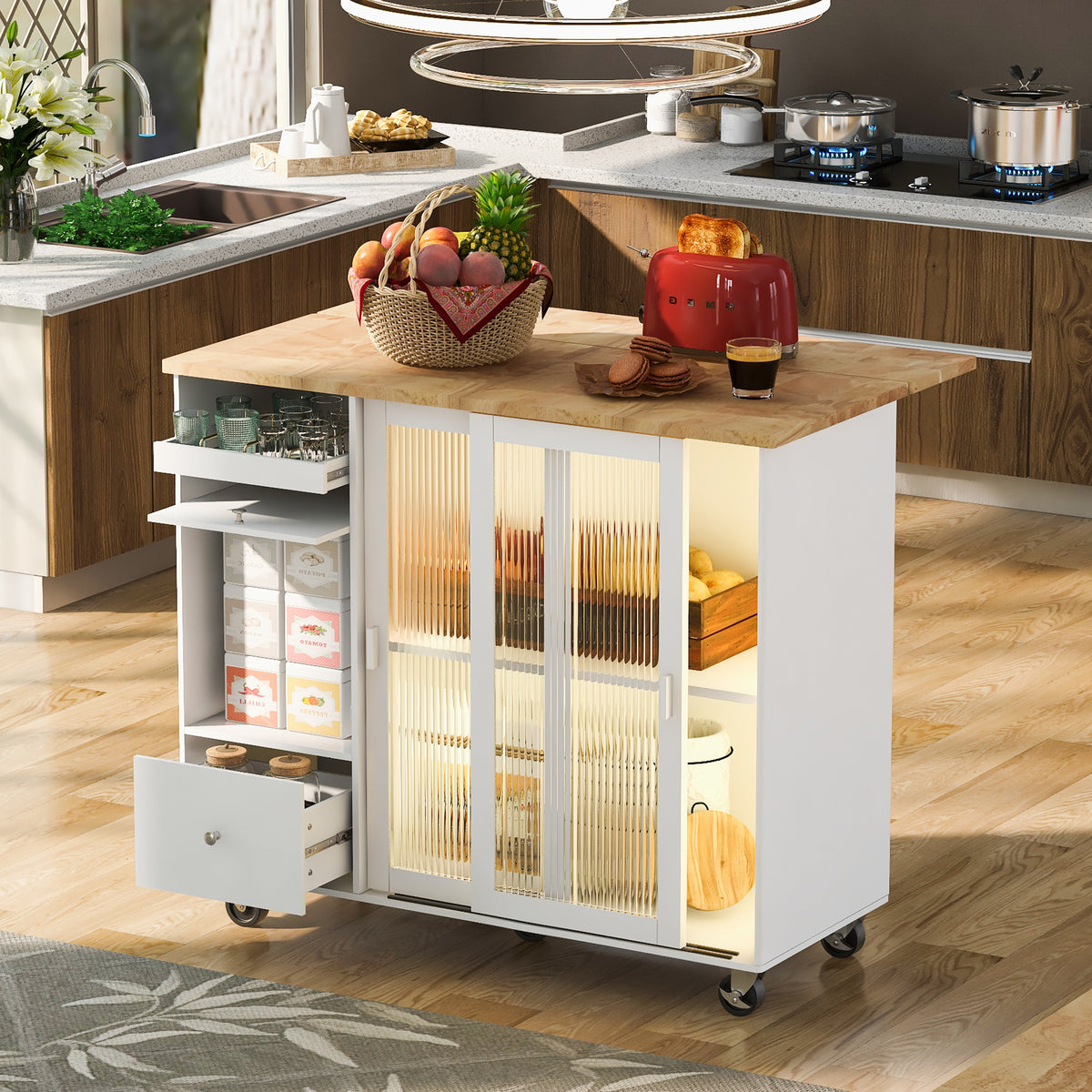 Kitchen Island with Drop Leaf, LED Light Kitchen Cart on Wheels with 2 Fluted Glass Doors and 1 Flip Cabinet Door, Large Kitchen Island Cart with an Adjustable Shelf and 2 Drawers (White) WF311171AAW-djyc