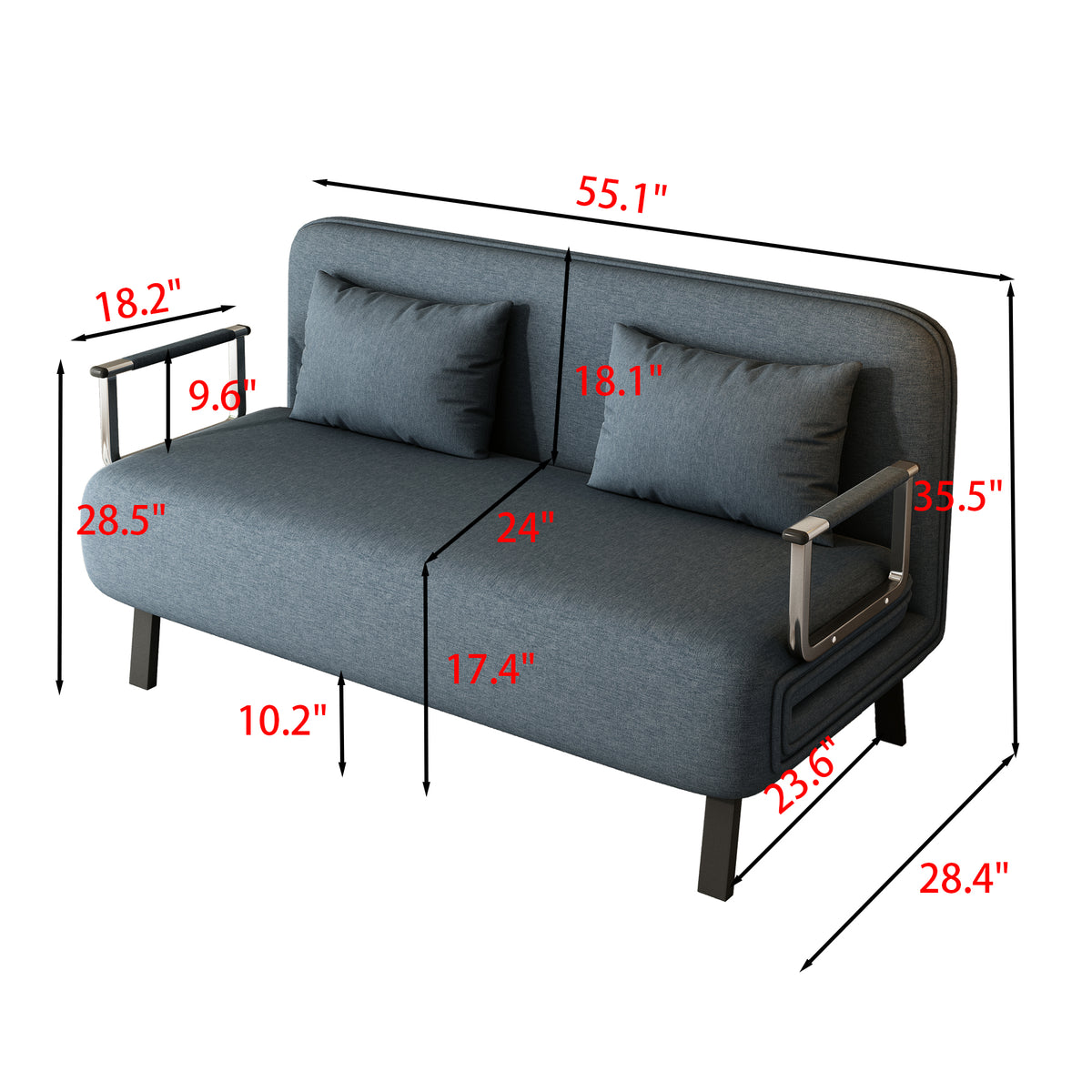 55″ Convertible Chair Bed, Tri-Fold Sofa Bed with Adjustable Backrest & Pillow, Leisure Chaise Lounge Couch with Sturdy Iron Frame for Home & Office, Comfortable Sleeper Chair W1767106624-djyc