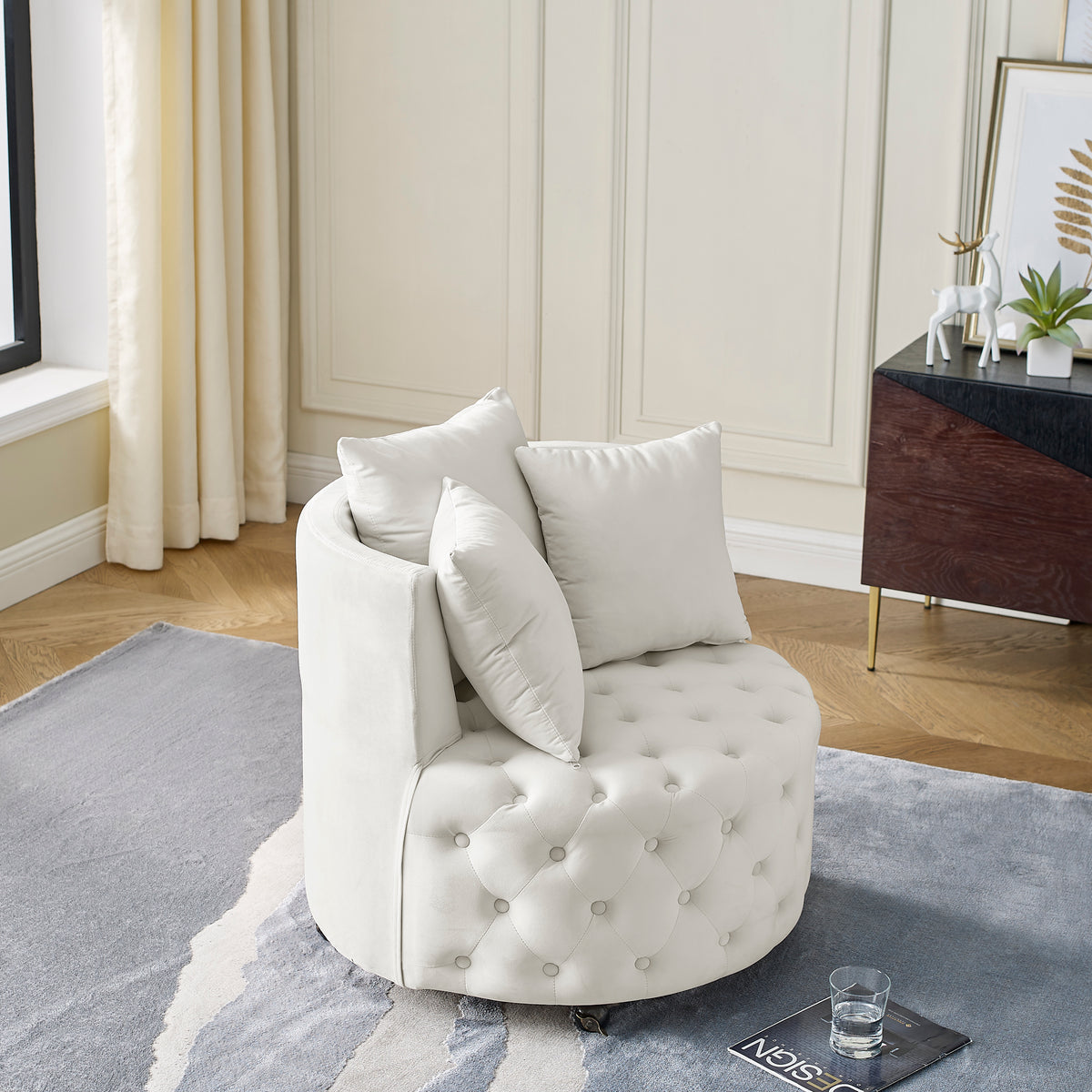 Velvet Upholstered Swivel Chair for Living Room, with Button Tufted Design and Movable Wheels, Including 3 Pillows, Beige W48790918-djyc