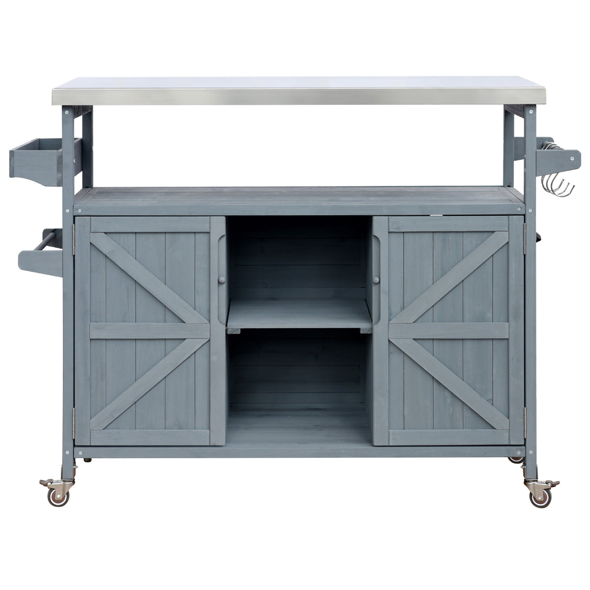 K&K Outdoor Kitchen Island, Rolling Bar Cart & Storage Cabinet, Farmhouse Solid Wood Outdoor Grill Table with Stainless Steel Top, Spice Rack , Towel Rack for Kitchen & BBQ , Grey Blue WF532198AAG-djyc