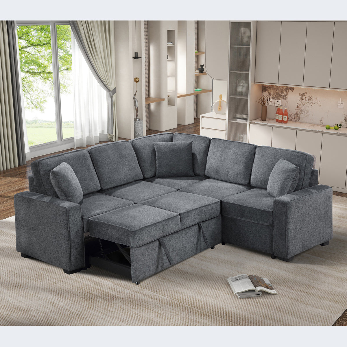 Modular Sofa, Sectional Couch L Shaped Sofa Couch with Pullout Sleeper, 5 Seat Chenille Corner Sofa for Living Room, 3 Pillows Included, Dark Gray W1998S00052-djyc