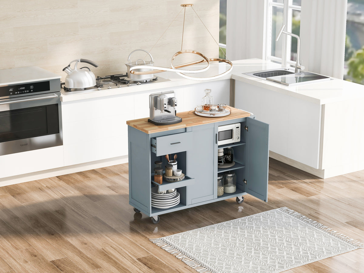 K&K Kitchen Island with Foldable Counter Top, Kitchen Storage Cart with Slide-Out Shelf, Towel Rack and Drawer, Rolling Kitchen Cart on Wheels, for Kitchen, Living Room, Dining Room, Grey Blue N707P173036G-djyc