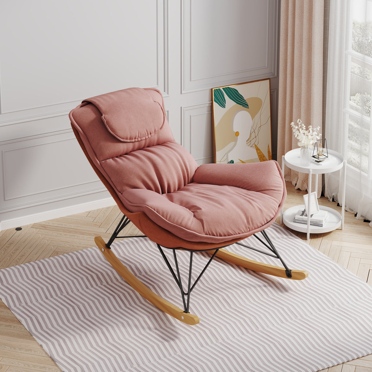 Leisure sofa single rocking chair, light luxury sofa chair, balcony leisure area single chair, comfortable and breathable characteristic chair, detachable and washable seat cushion (Color: Pink) W1669P152763-djyc