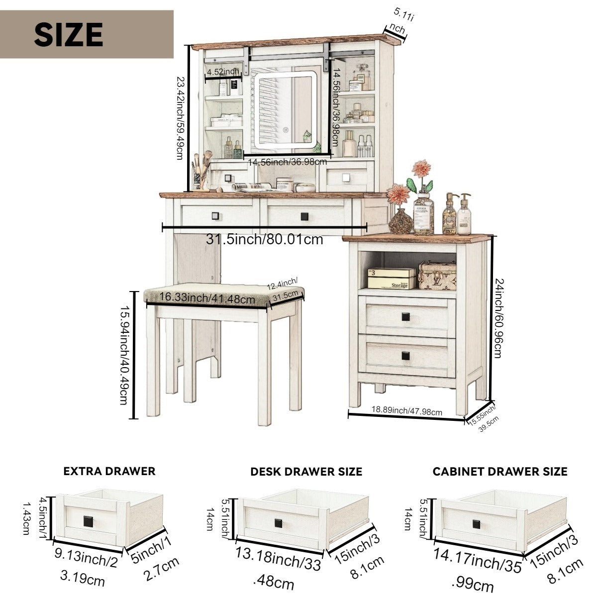 46.5'' Farmhouse Makeup Vanity Desk with Adjustible LED Lighted Mirror and Charging Station for Bedroom, Rustic Dressing Vanity Table with Side Cabinet and Cushioned Stool for Women W2557P167876-djyc