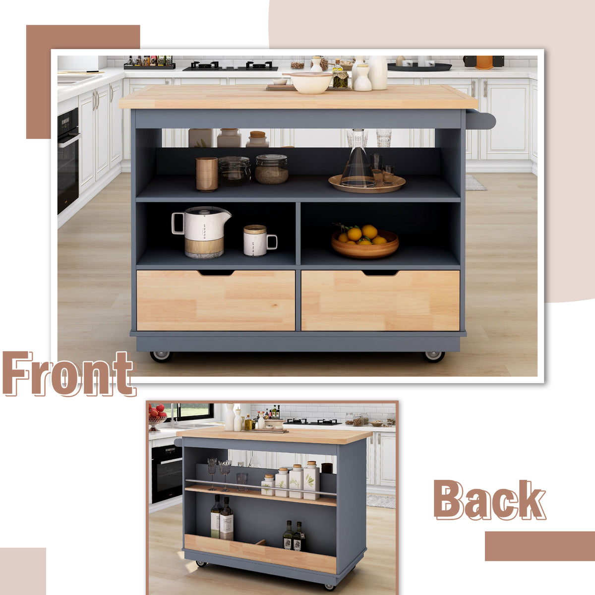 Rolling Kitchen Island with Storage, Two-sided Kitchen island Cart on Wheels with Wood Top, Wine and Spice Rack, Large Kitchen Cart with 2 Drawers, 3 Open Compartments, Grey Blue WF318964AAG-djyc