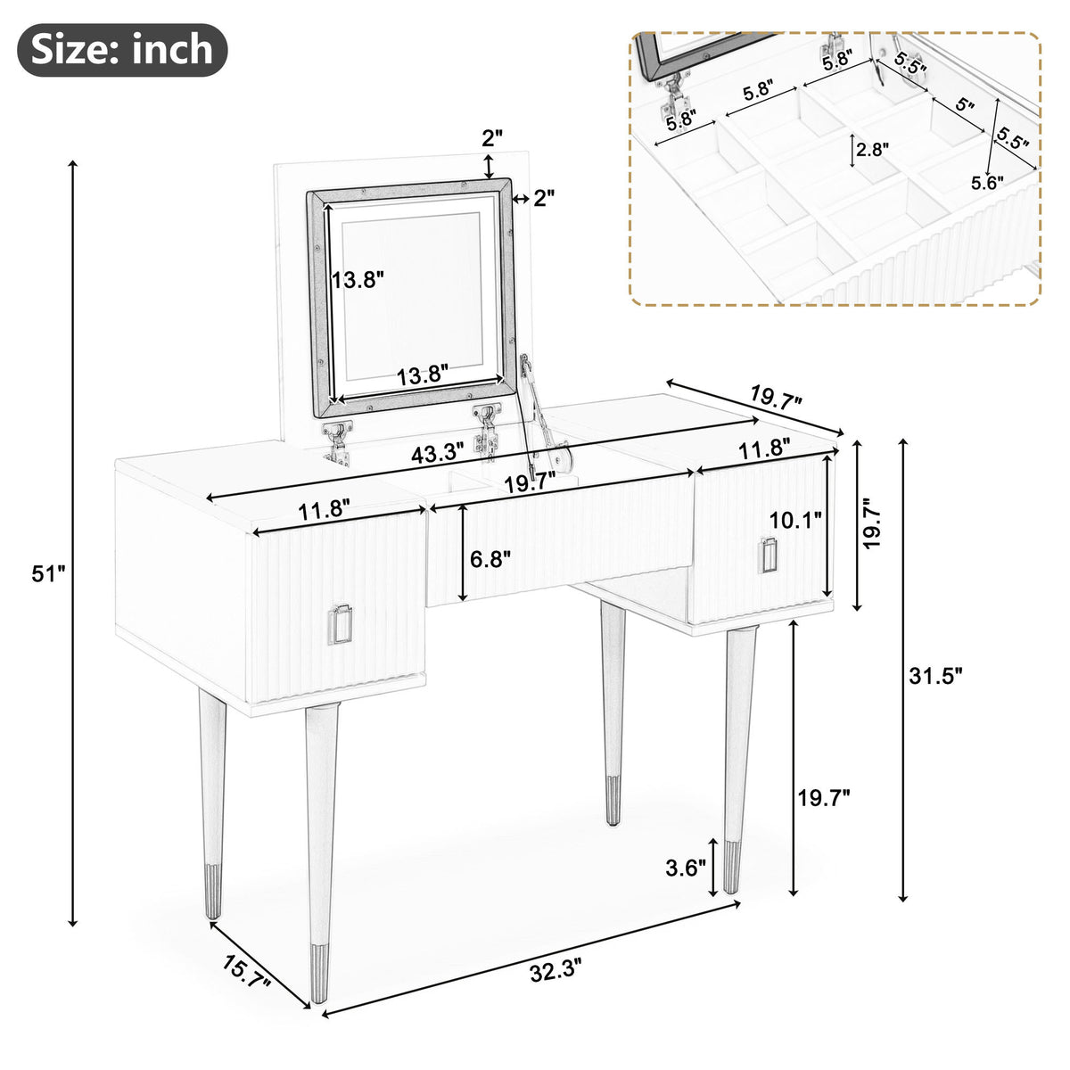 43.3" Modern Vanity Table Set with Flip-top Mirror and LED Light, Dressing Table with Customizable Storage, White and Black WF305842AAA-djyc