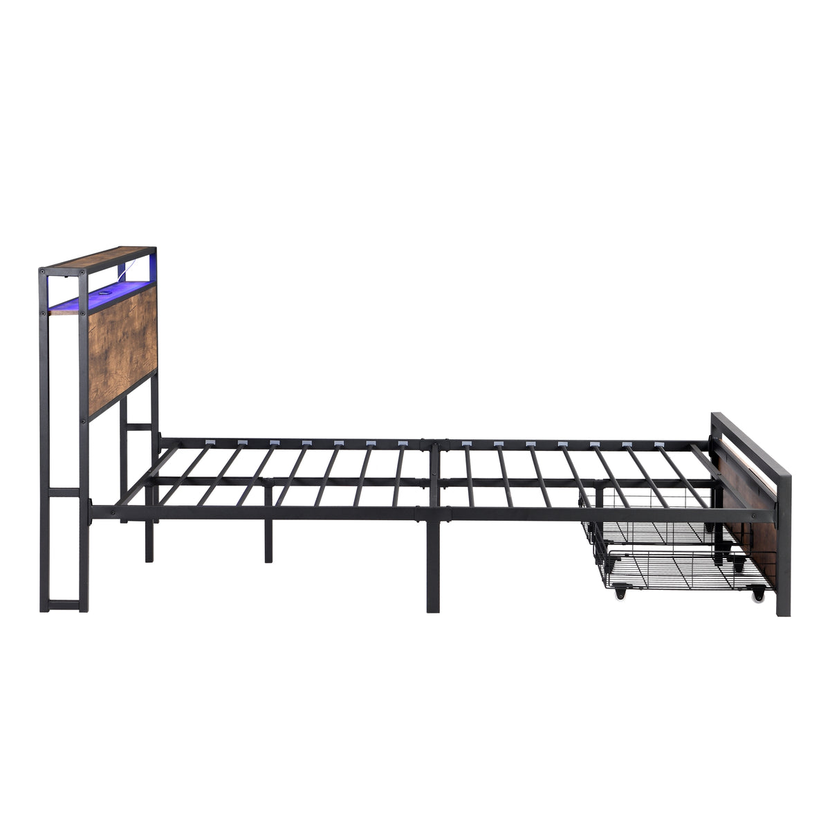 Queen Size Bed Frame with Storage Headboard and 2 Drawers, LED Lights Bed with Charging Station, Metal Platform Bed No Noise, Mattress Foundation Strong Metal Slats Support No Box Spring Needed W1916126253-djyc