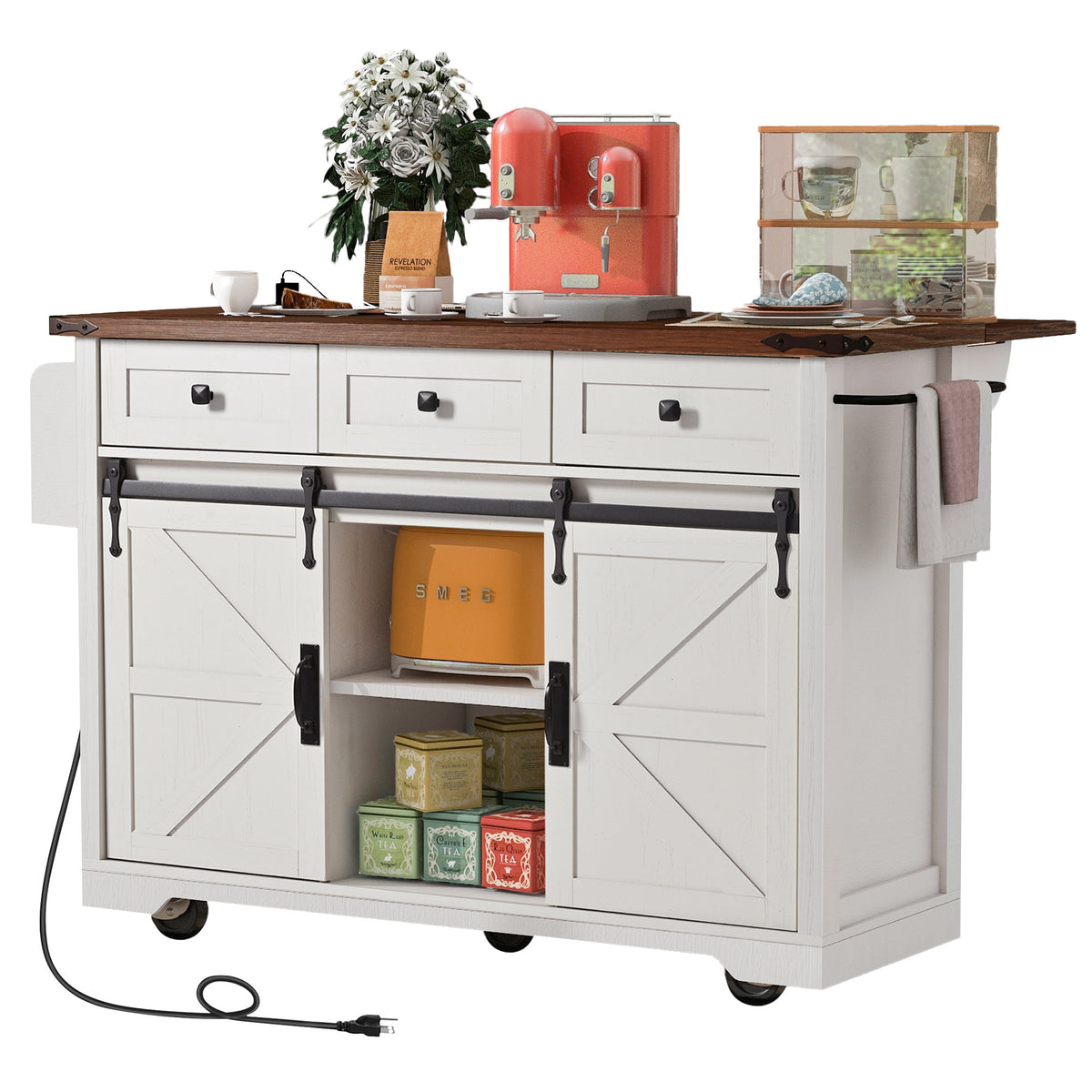 K&K 53.7" Farmhouse Kitchen Island with Power Outlet, 2 Sliding Barn Door Kitchen Storage Island with Drop Leaf, Spice Rack Rolling Kitchen Cart on Wheels, for Home, Kitchen and Dining Room, White N707P170347W-djyc