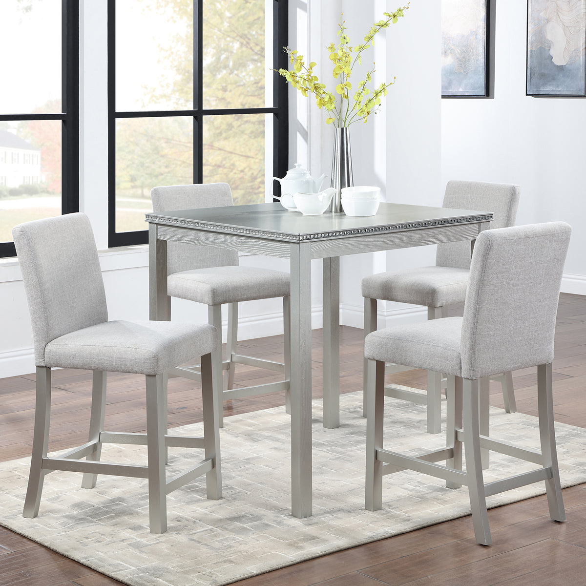 5 Piece Counter Height Table Set, Wooden Kitchen Table Set with Square Table and 4 Upholstered Chairs, Counter Height Dining Table with Crystal Decoration and Chair Set, Silver grey W1998S00039-djyc