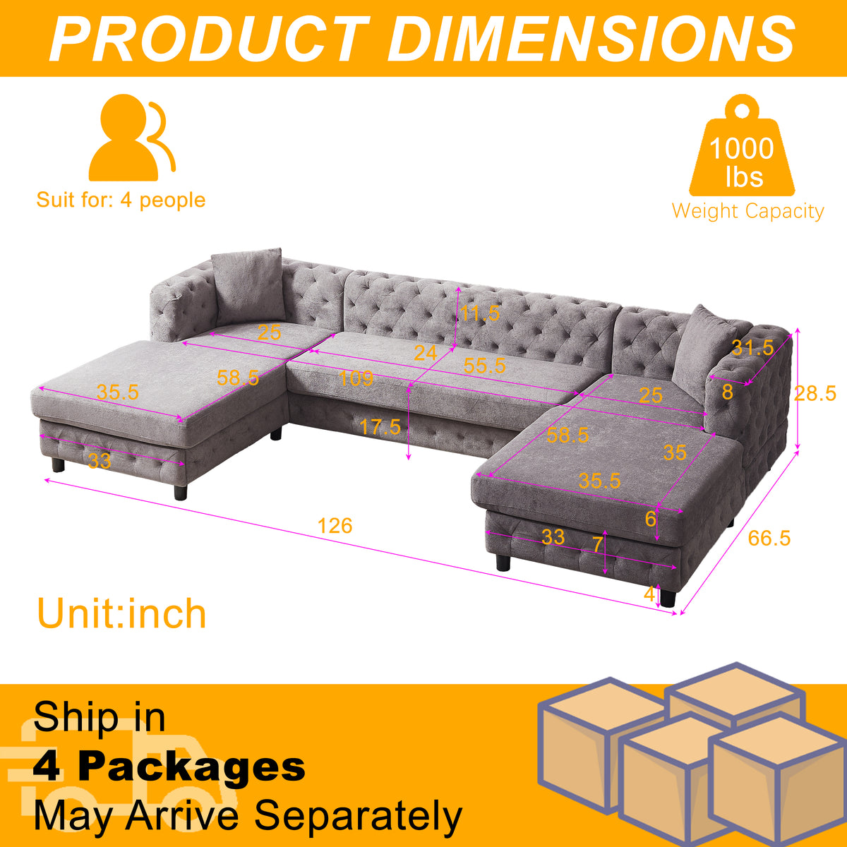 126-inch Modern Style Chenille Three Piece Sofa, Pull Point Design U-shaped Sofa two Chaise Longue Seats, two Pillows and Plastic Feet, Suitable for Living room, Bedroom, Lounge and Projection Room W834S00329-djyc