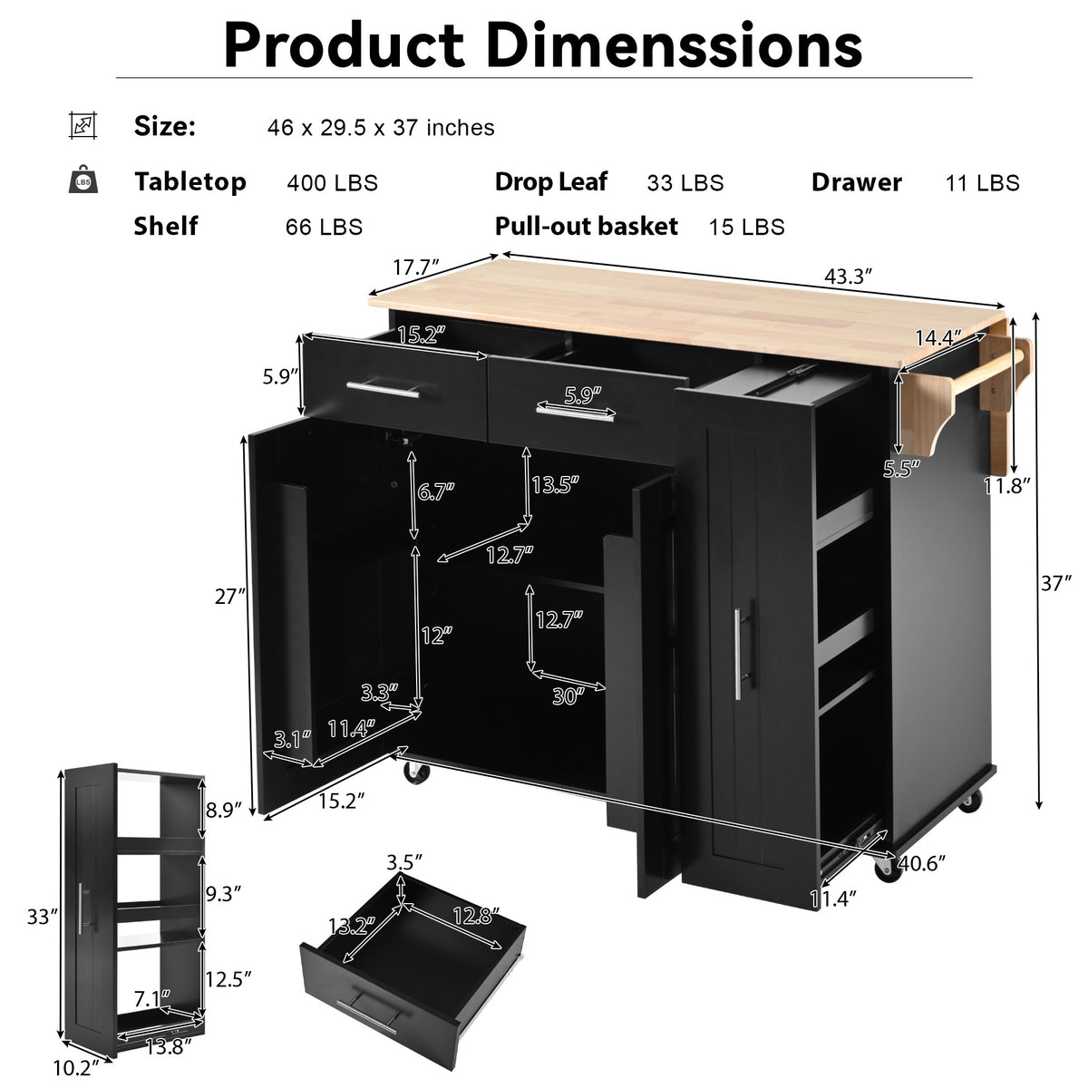 K&K Kitchen Island with Drop Leaf, Kitchen Storage Cart with 3 Tier Pull Out Cabinet Organizer, Internal Storage Rack, Rolling Kitchen Cart on Wheels with Towel Rack, 2 Drawers, for Kitchen, Black WF531421AAB-djyc